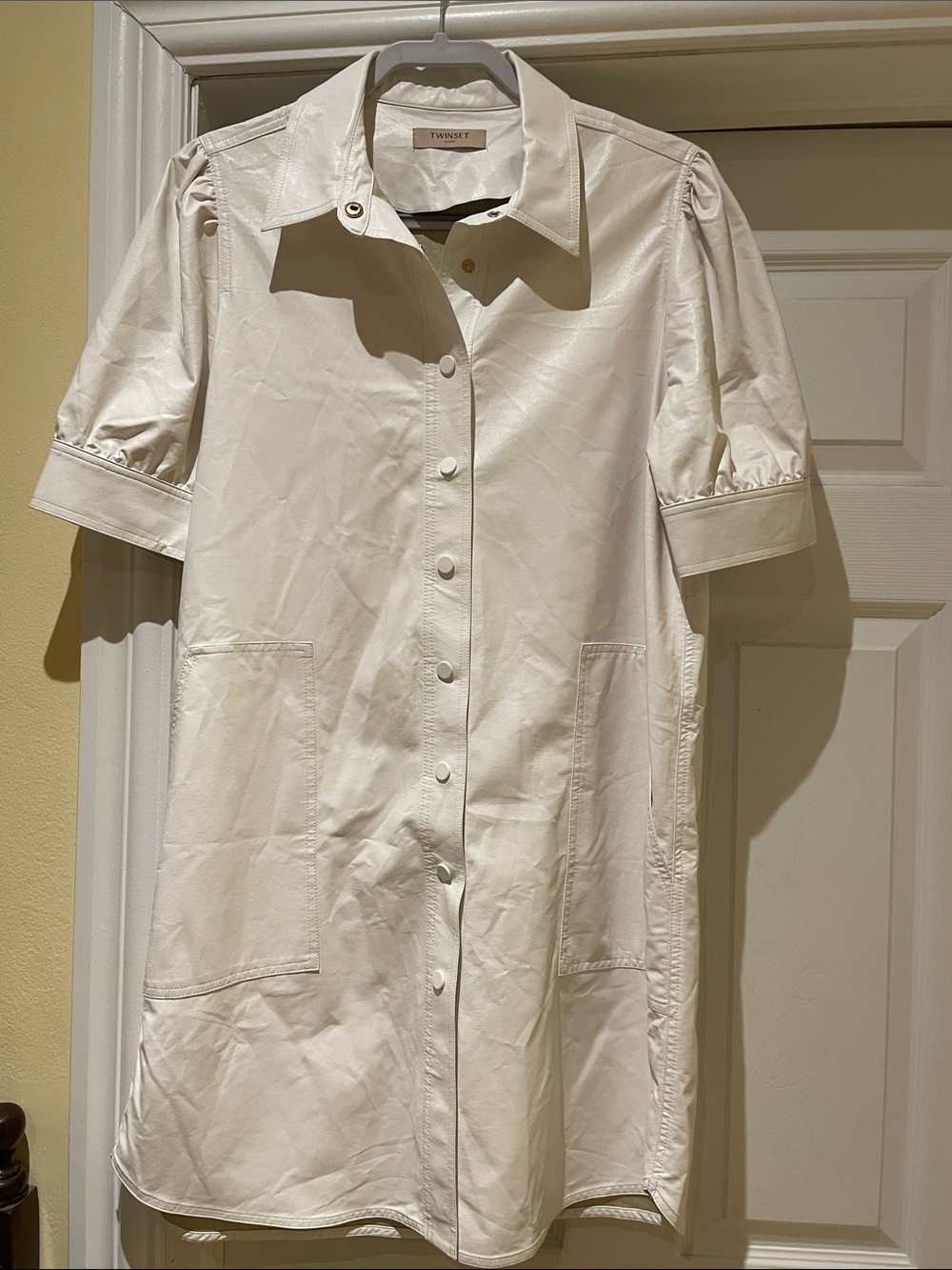 Twinset Milano White Faux Leather Shirt Dress Elevated Italien Chic Minimalist L